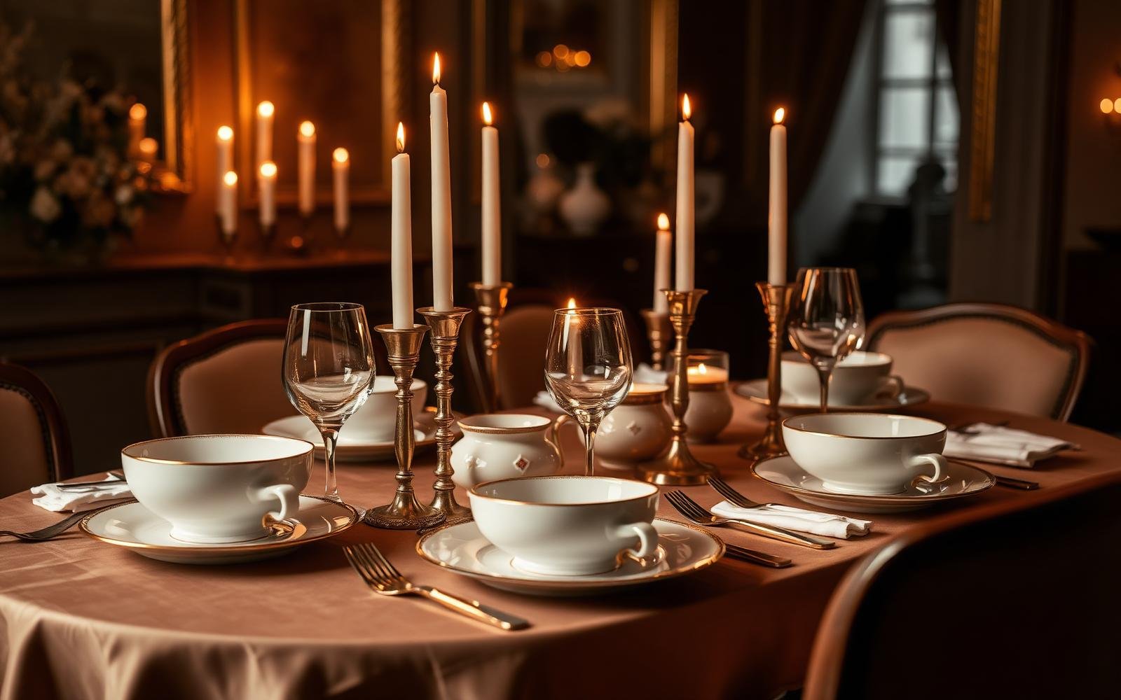 Candlelit dining table set with Kitchen Crown porcelain